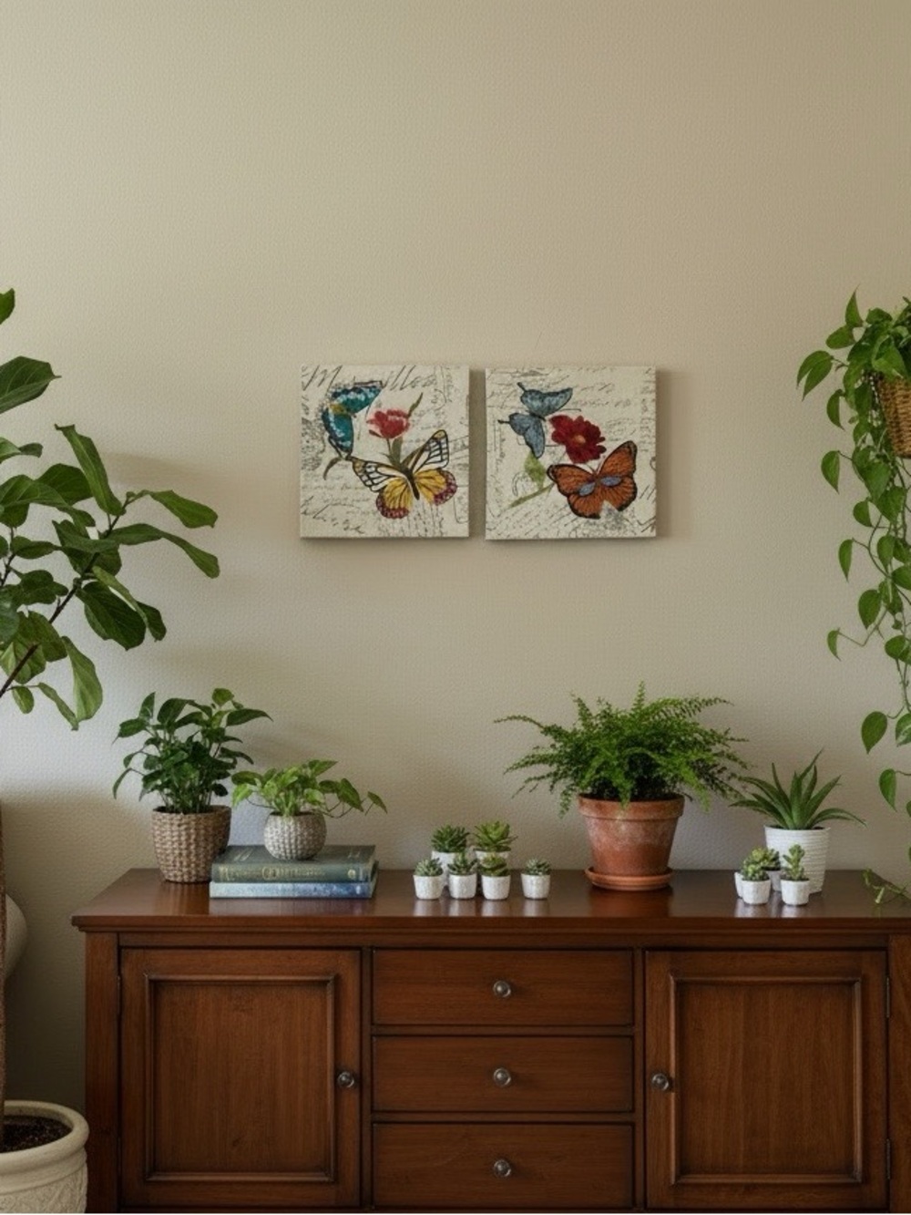 Butterfly Duo Wall Art - Neutral with Multicolor Embroidery Accents (Preowned)